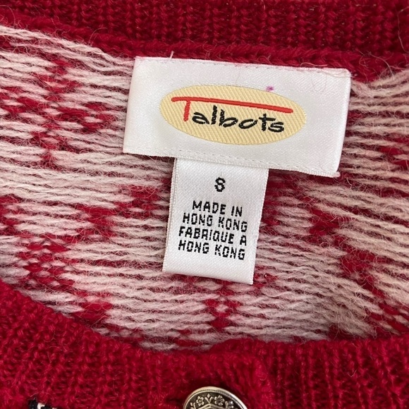 Talbots 100% wool Nordic fair isle cardigan sweater red snowflakes design size 8 - Picture 11 of 11